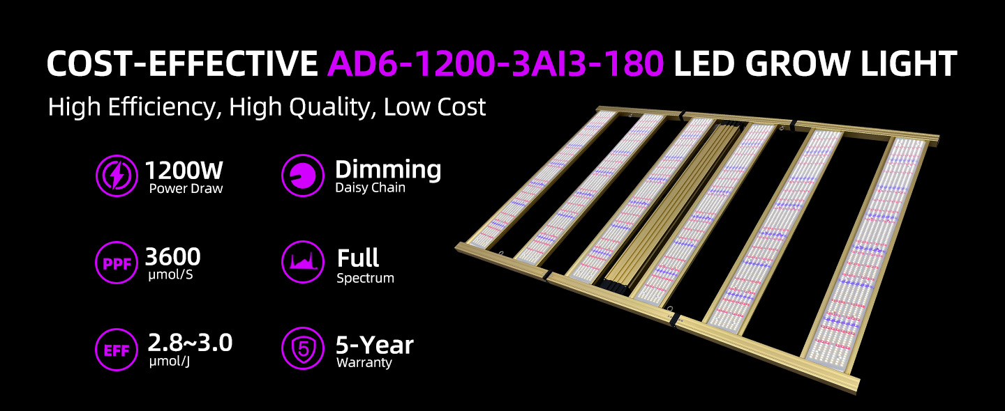 1200W 6 Bar 4x6ft Wide Full Spectrum LED Grow Lights-AD6-1200-3AI3-180
